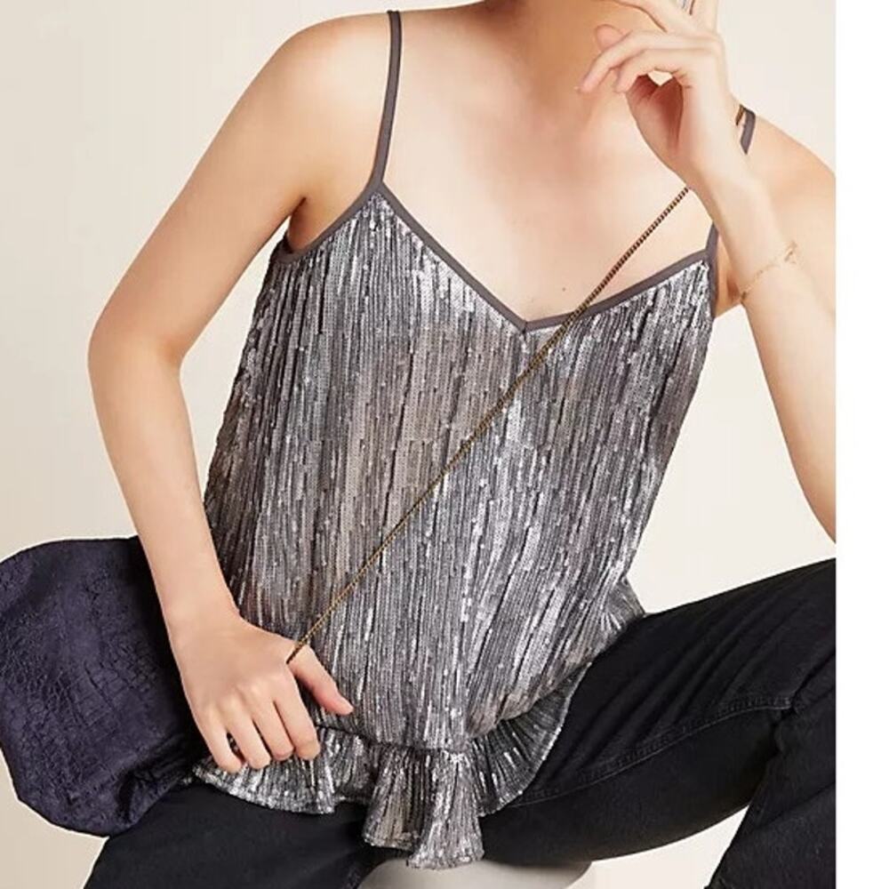 Anthropologie Amelie Beaded Silver Sequin Peplum Tank Top Size 0P